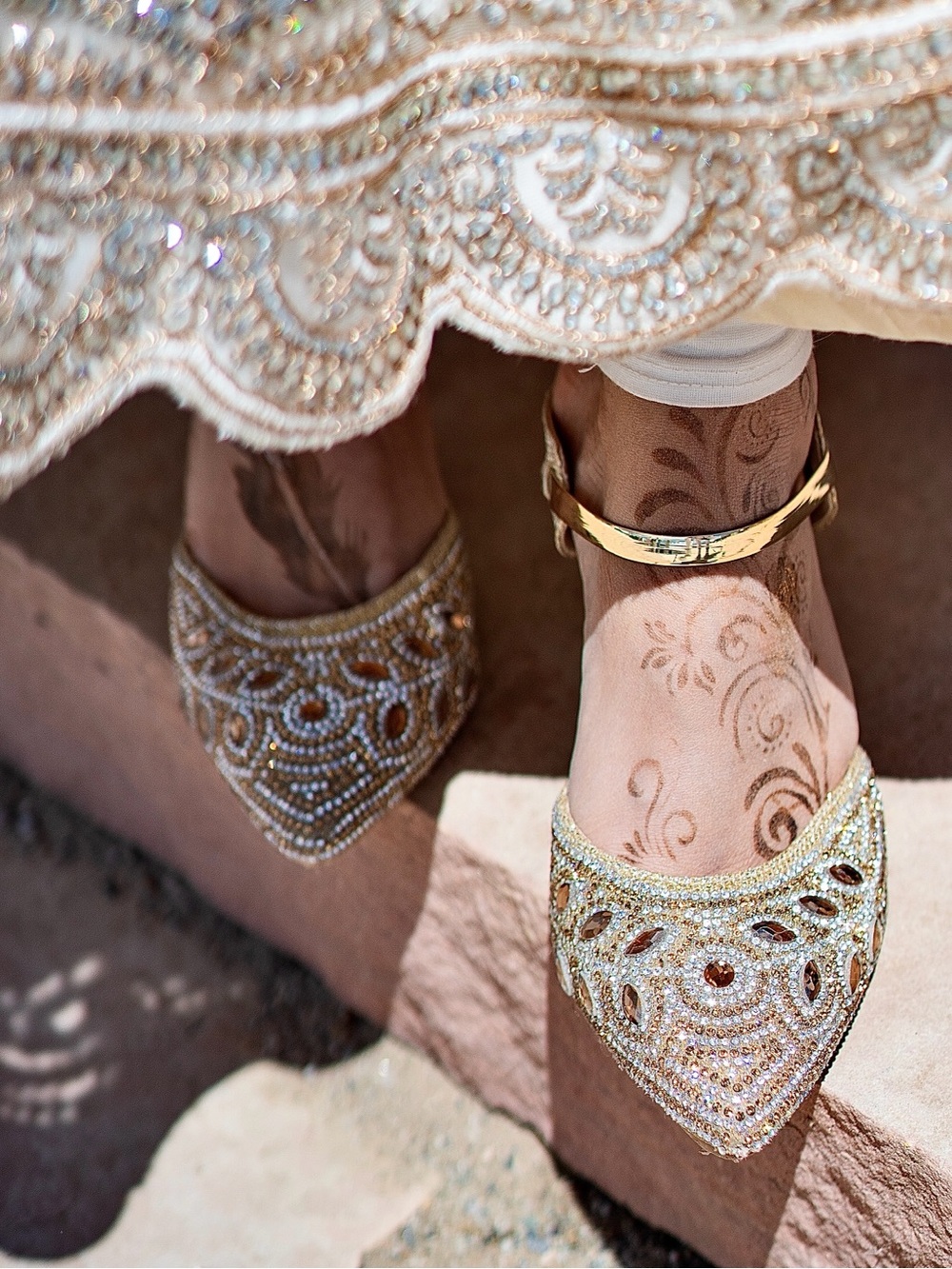 Bridal Pointed Toe Heels in Antique Gold & champagne Jutti with Anklet Strap